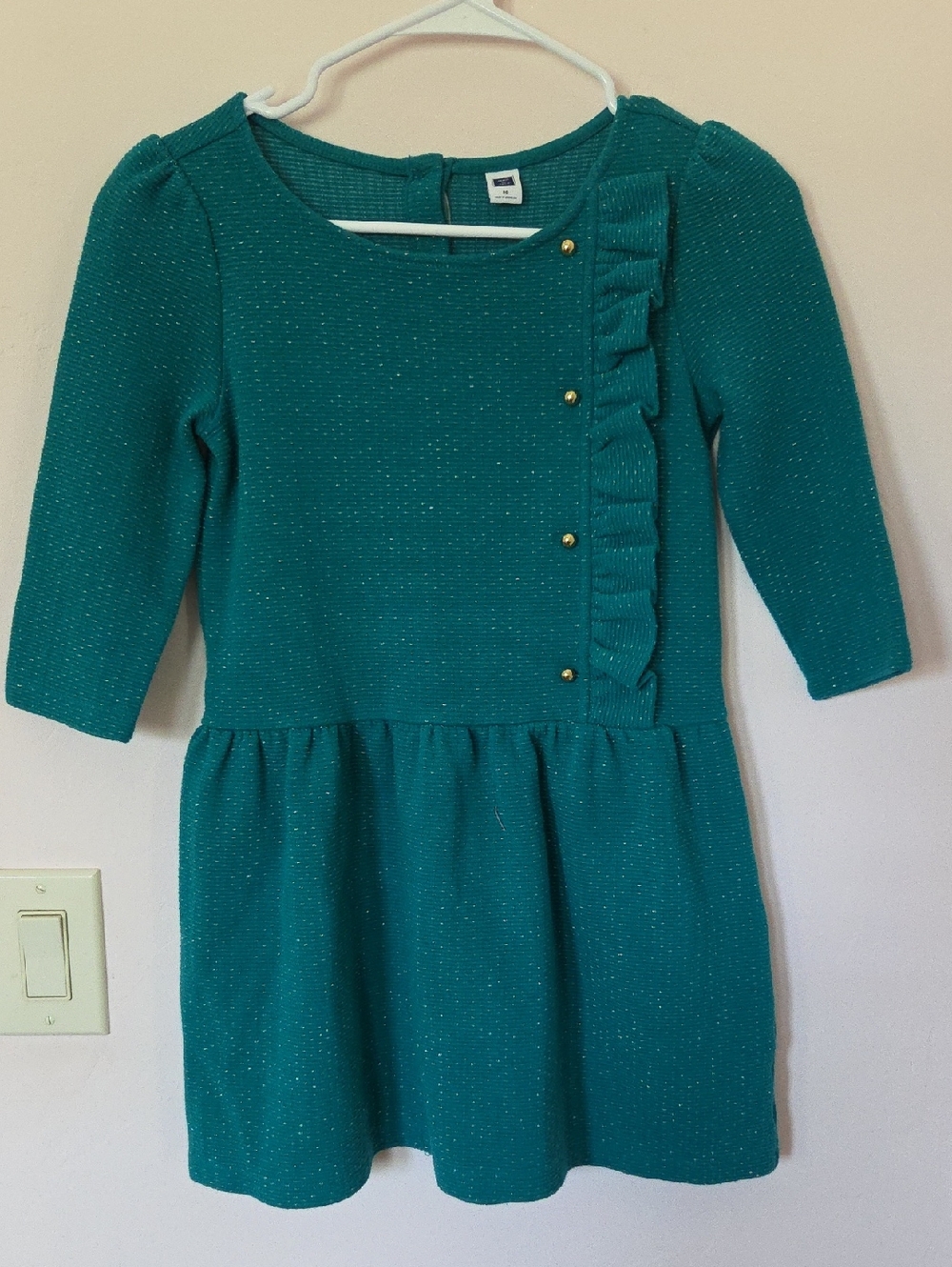 Janie and Jack Teal Knit Dress with Ruffle and Gold Buttons